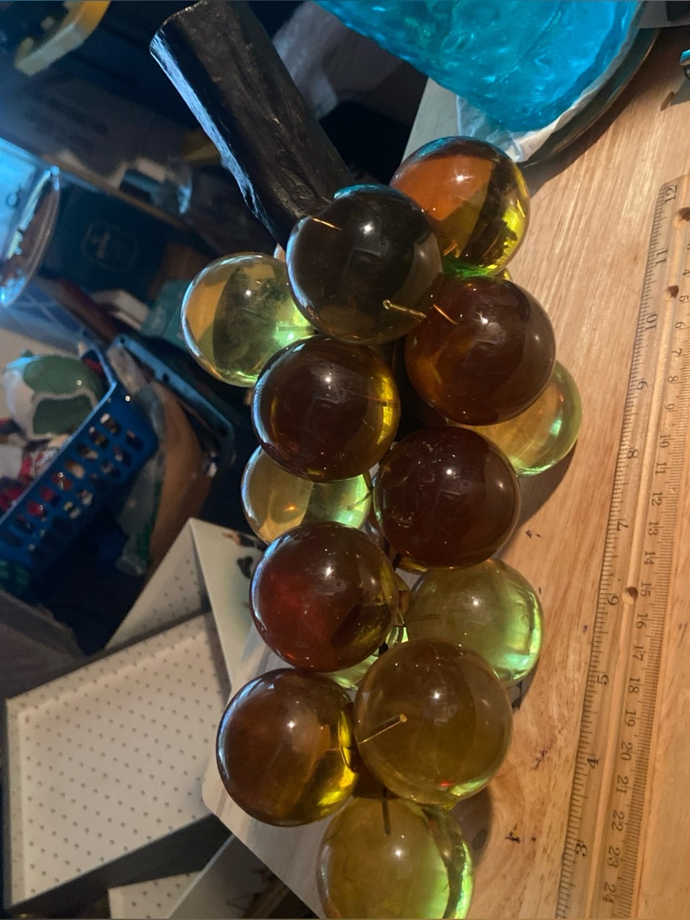 Vintage Mid-Century Lucite Grape Cluster on Driftwood Amber Brown 12” MCM Decor